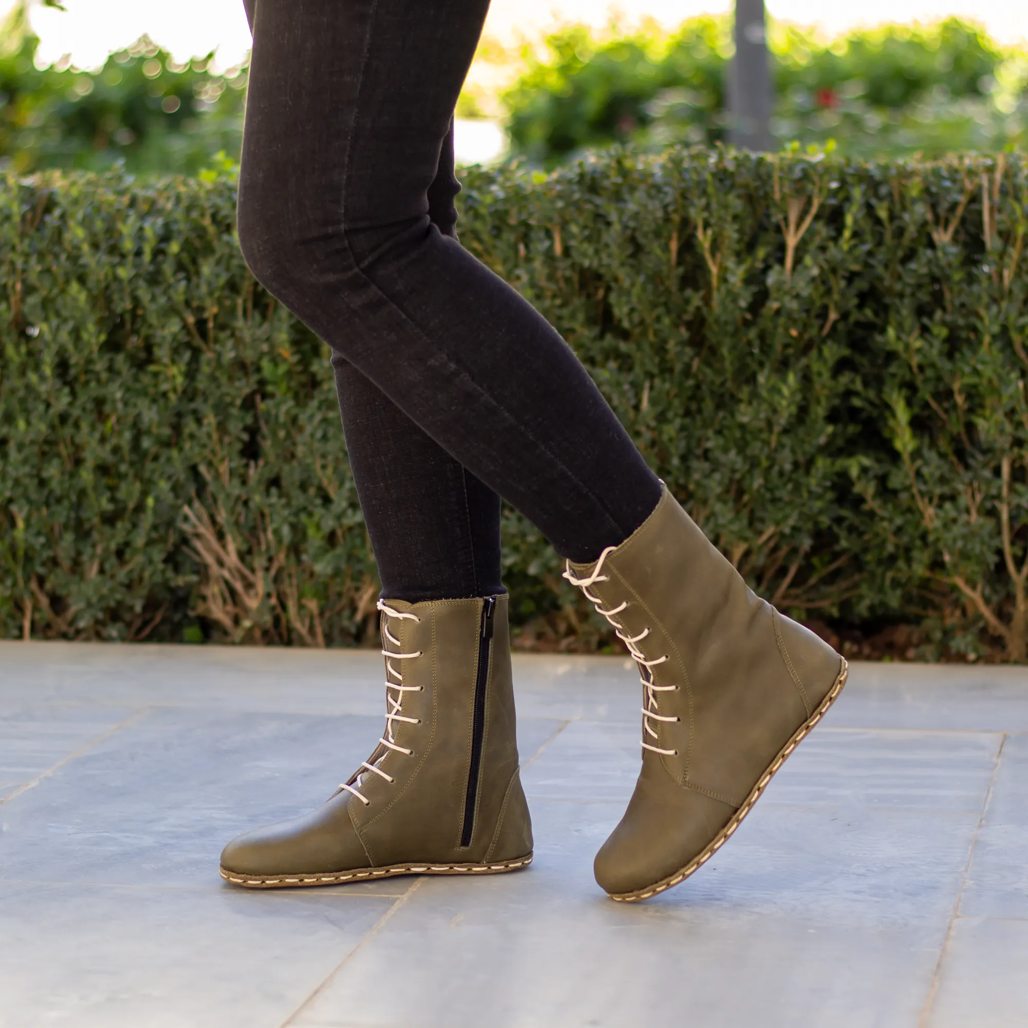 Barefoot Leather Lace-up Olive Green Boots for Women