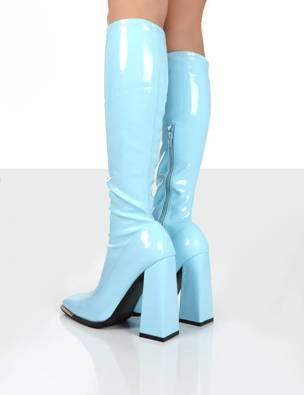 Caryn Blue Pu Knee High Heeled Boots