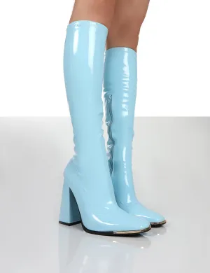 Caryn Blue Pu Knee High Heeled Boots