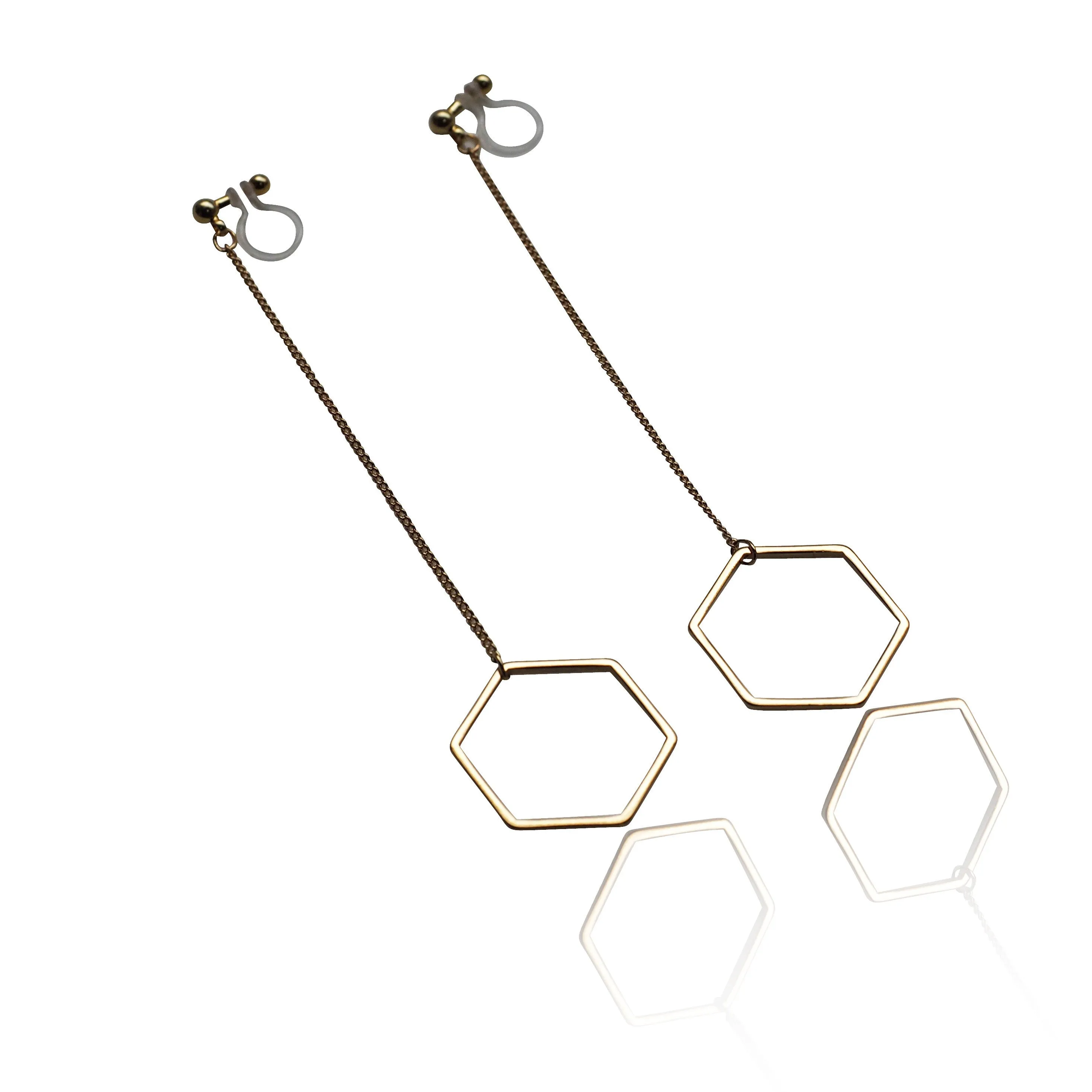 Dangle long gold hexagon invisible clip on earrings