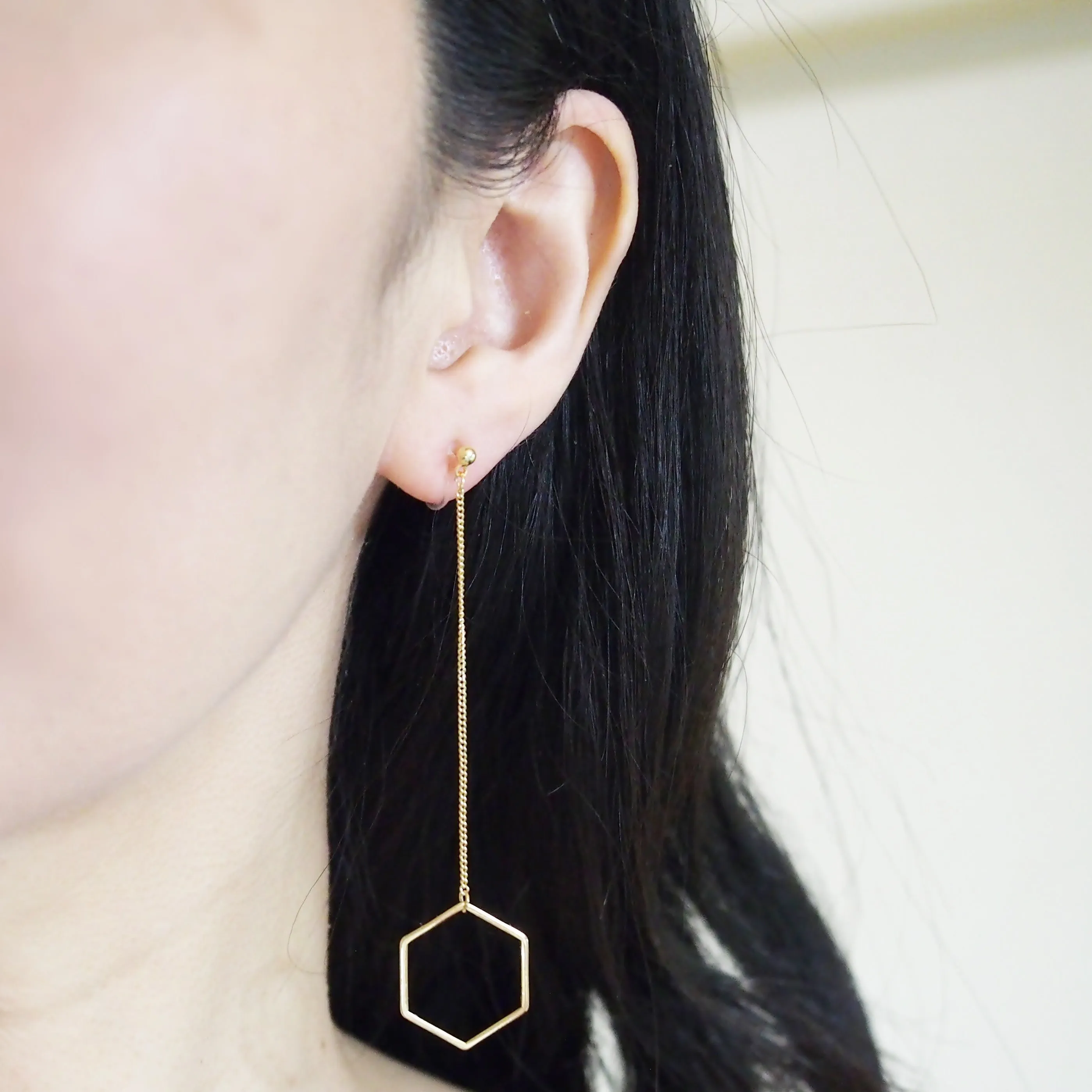 Dangle long gold hexagon invisible clip on earrings