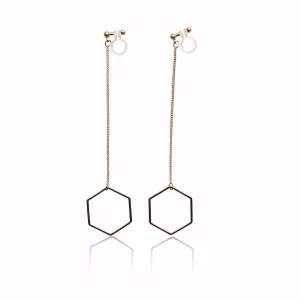 Dangle long gold hexagon invisible clip on earrings