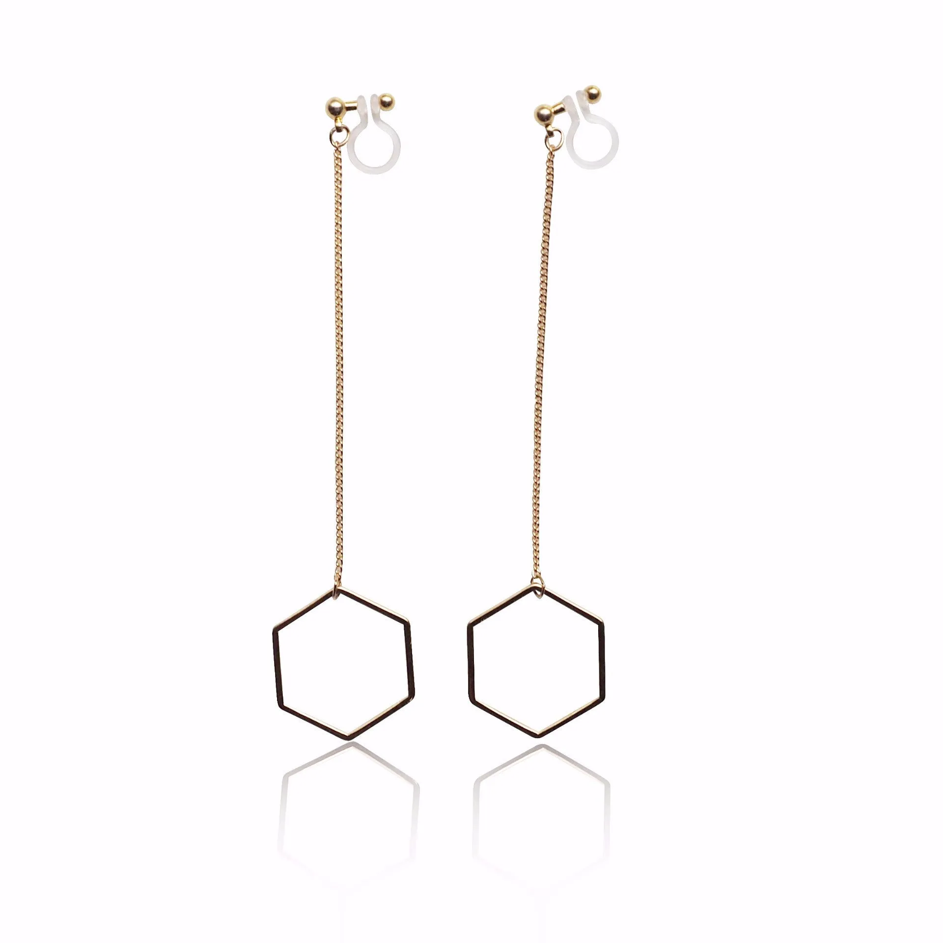 Dangle long gold hexagon invisible clip on earrings