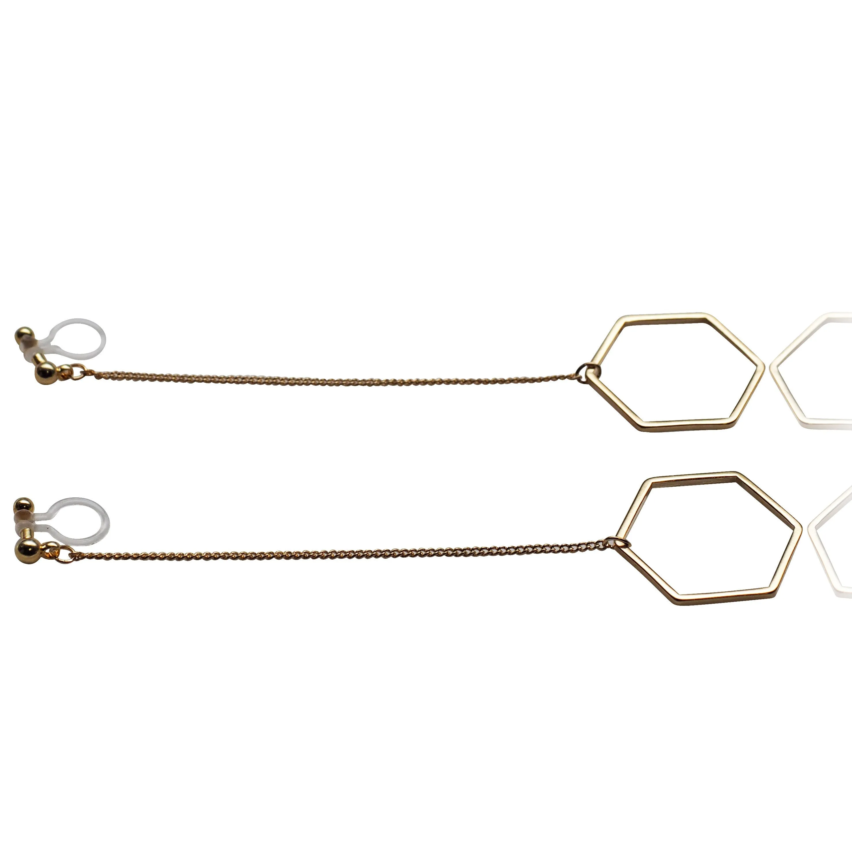 Dangle long gold hexagon invisible clip on earrings