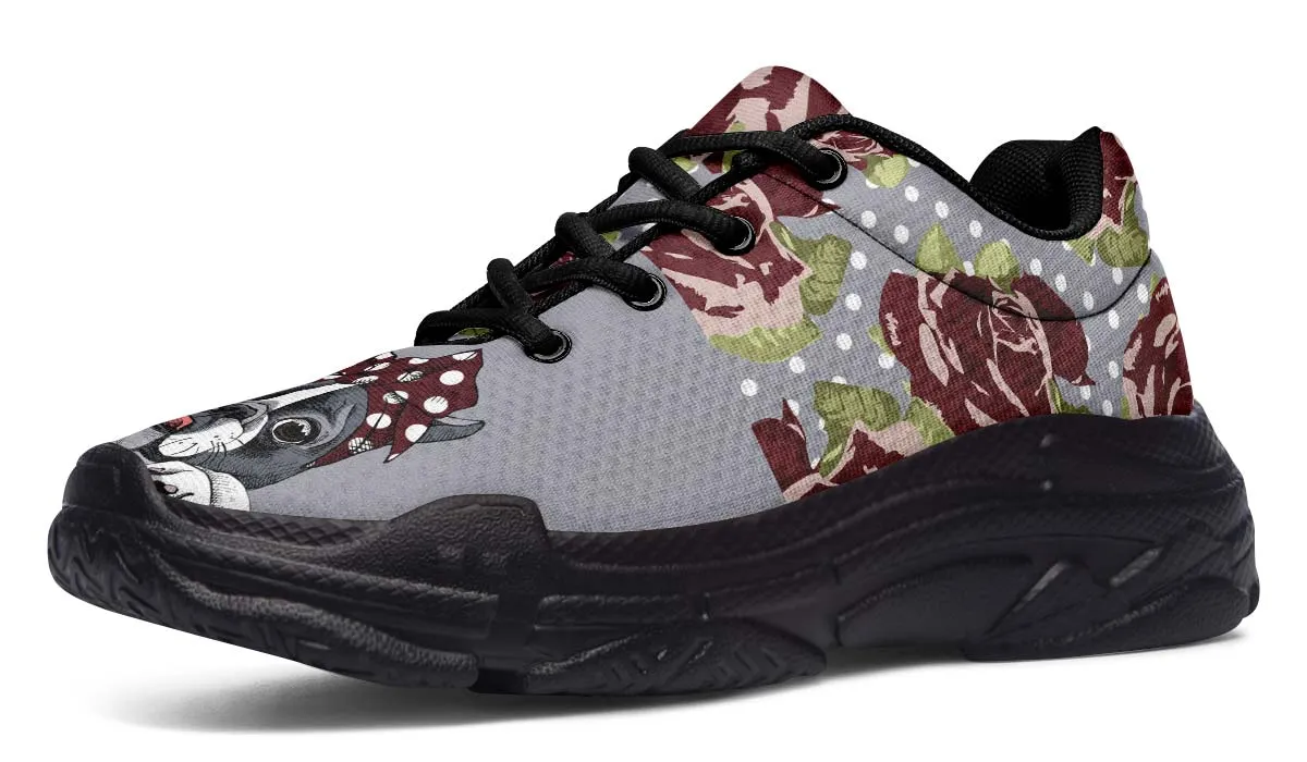 Floral Boston Terrier Dark Red Chunky Sneakers
