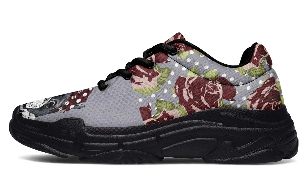 Floral Boston Terrier Dark Red Chunky Sneakers