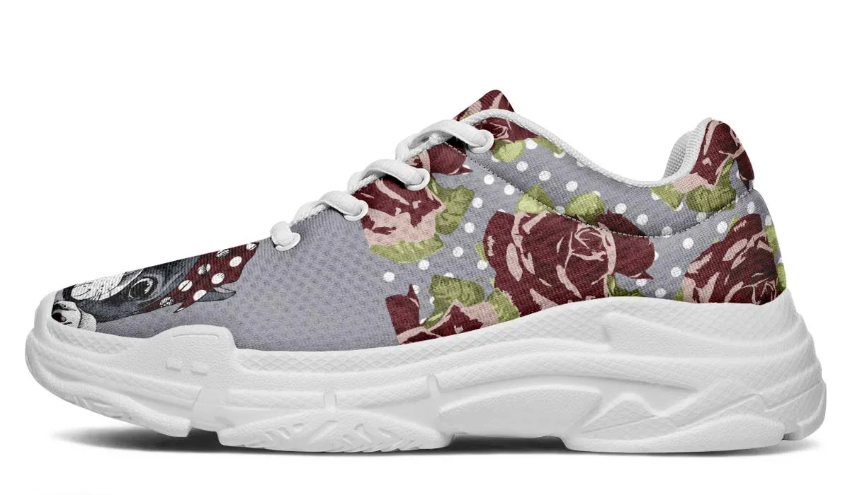 Floral Boston Terrier Dark Red Chunky Sneakers