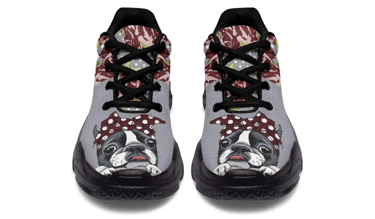 Floral Boston Terrier Dark Red Chunky Sneakers