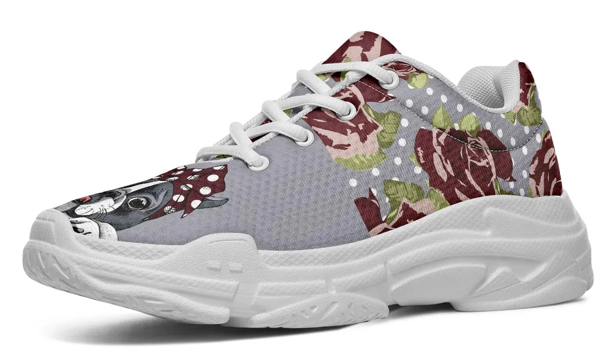 Floral Boston Terrier Dark Red Chunky Sneakers