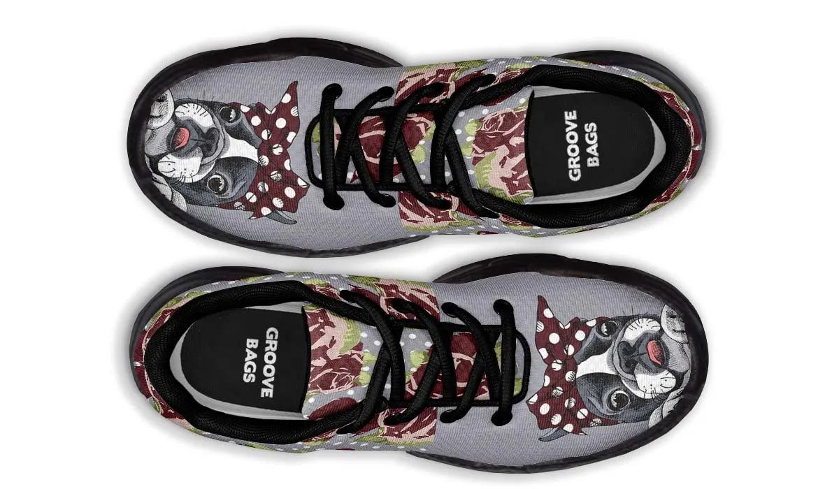 Floral Boston Terrier Dark Red Chunky Sneakers