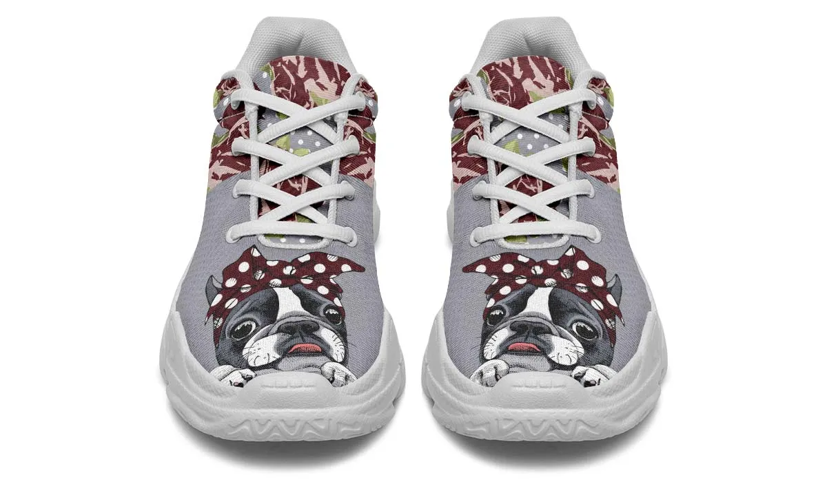 Floral Boston Terrier Dark Red Chunky Sneakers