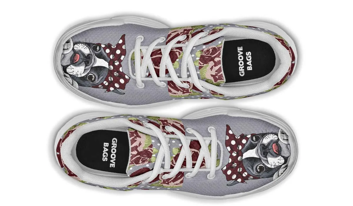 Floral Boston Terrier Dark Red Chunky Sneakers
