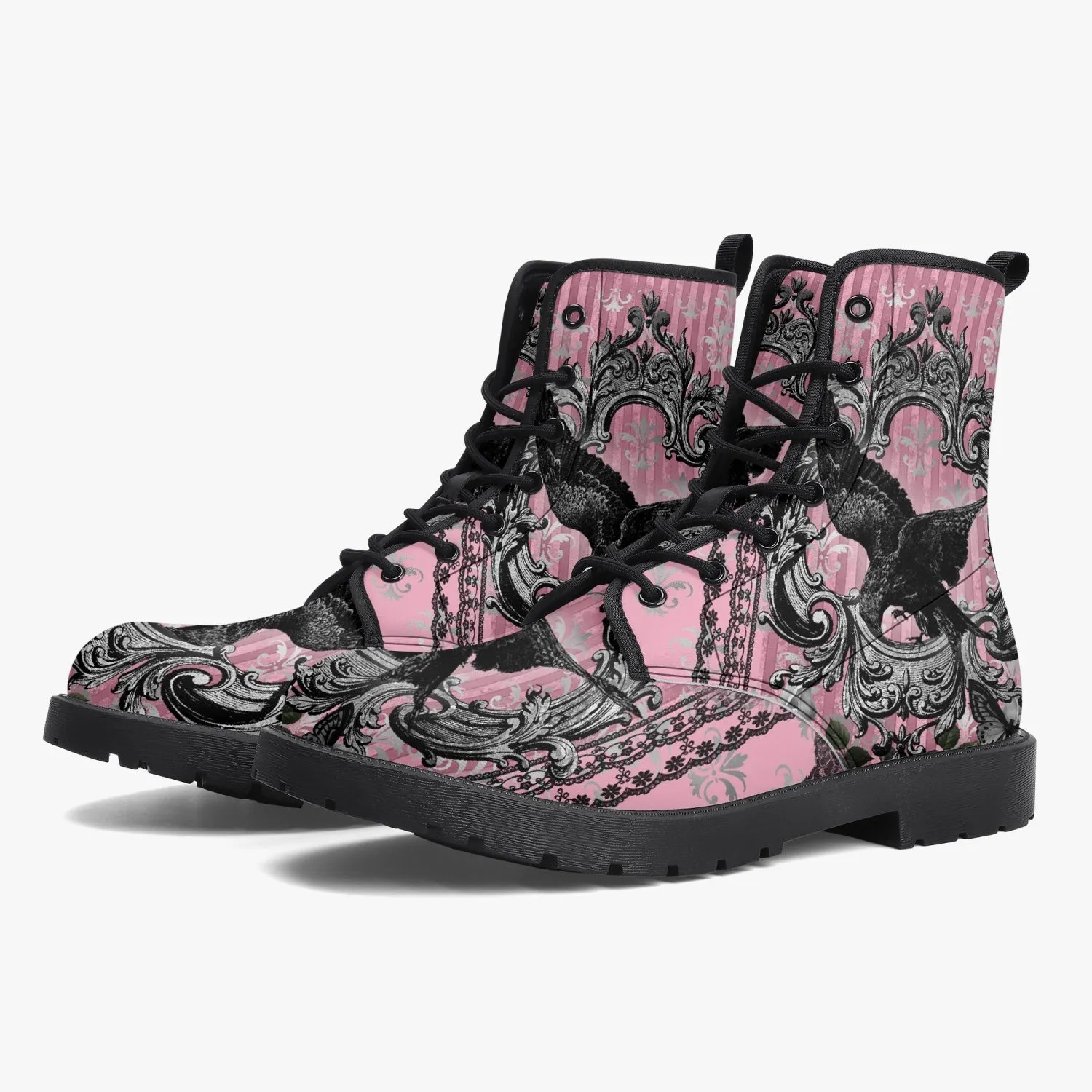 Gothic Raven Pink Vegan leather Combat Boots - Dark Raven emo boots  (JPREG59)