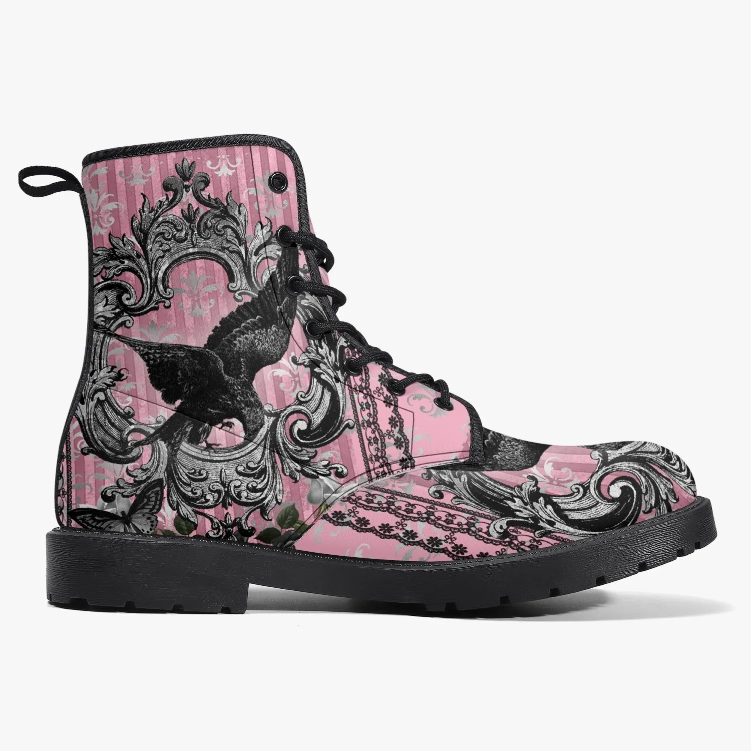 Gothic Raven Pink Vegan leather Combat Boots - Dark Raven emo boots  (JPREG59)