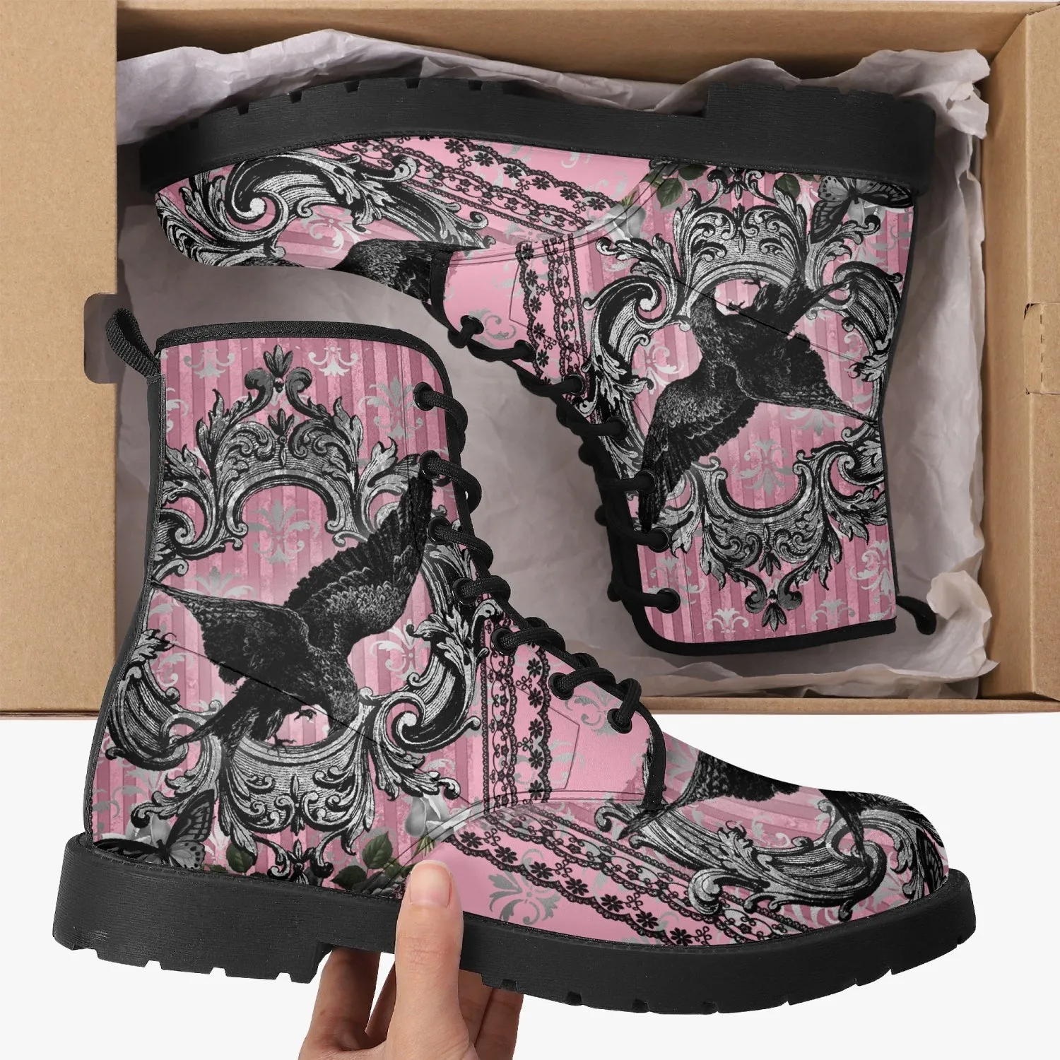 Gothic Raven Pink Vegan leather Combat Boots - Dark Raven emo boots  (JPREG59)