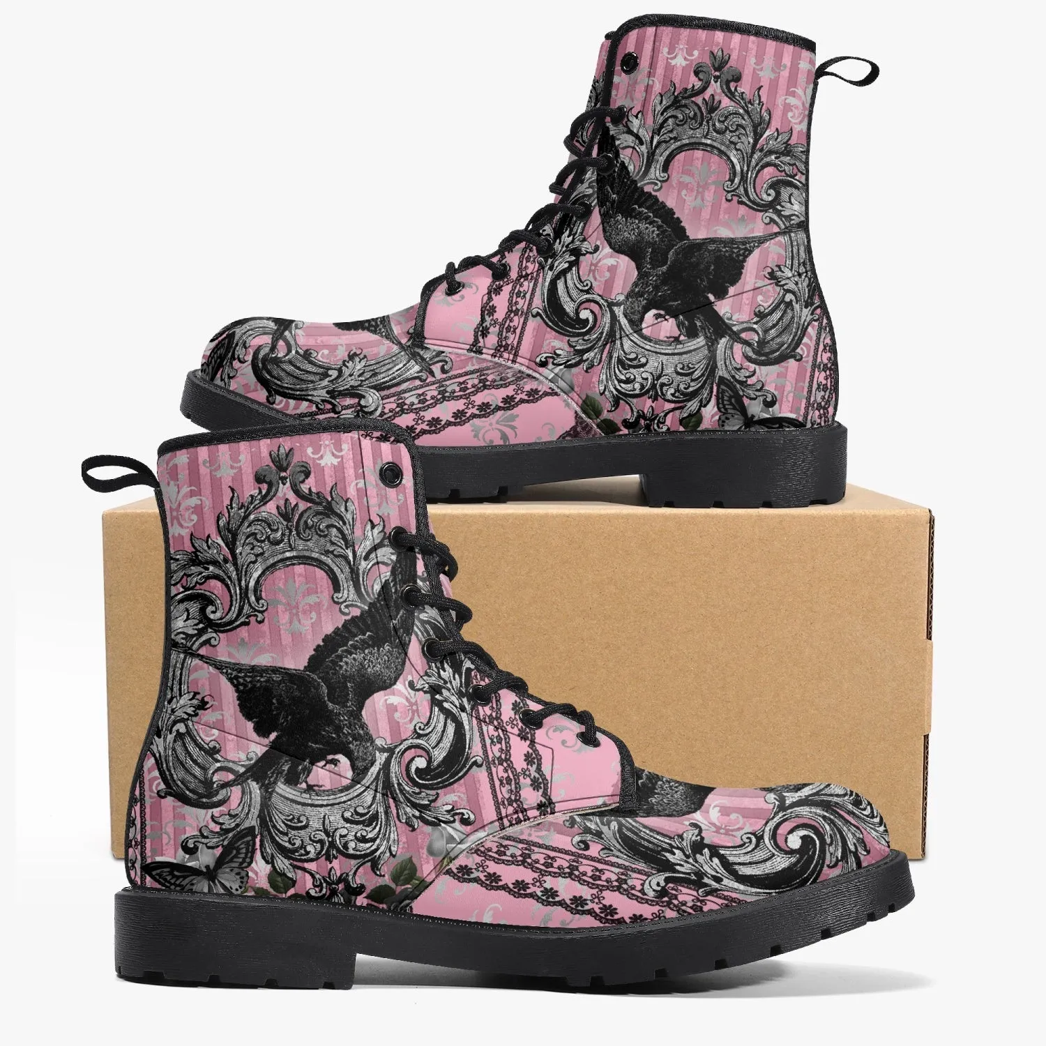 Gothic Raven Pink Vegan leather Combat Boots - Dark Raven emo boots  (JPREG59)