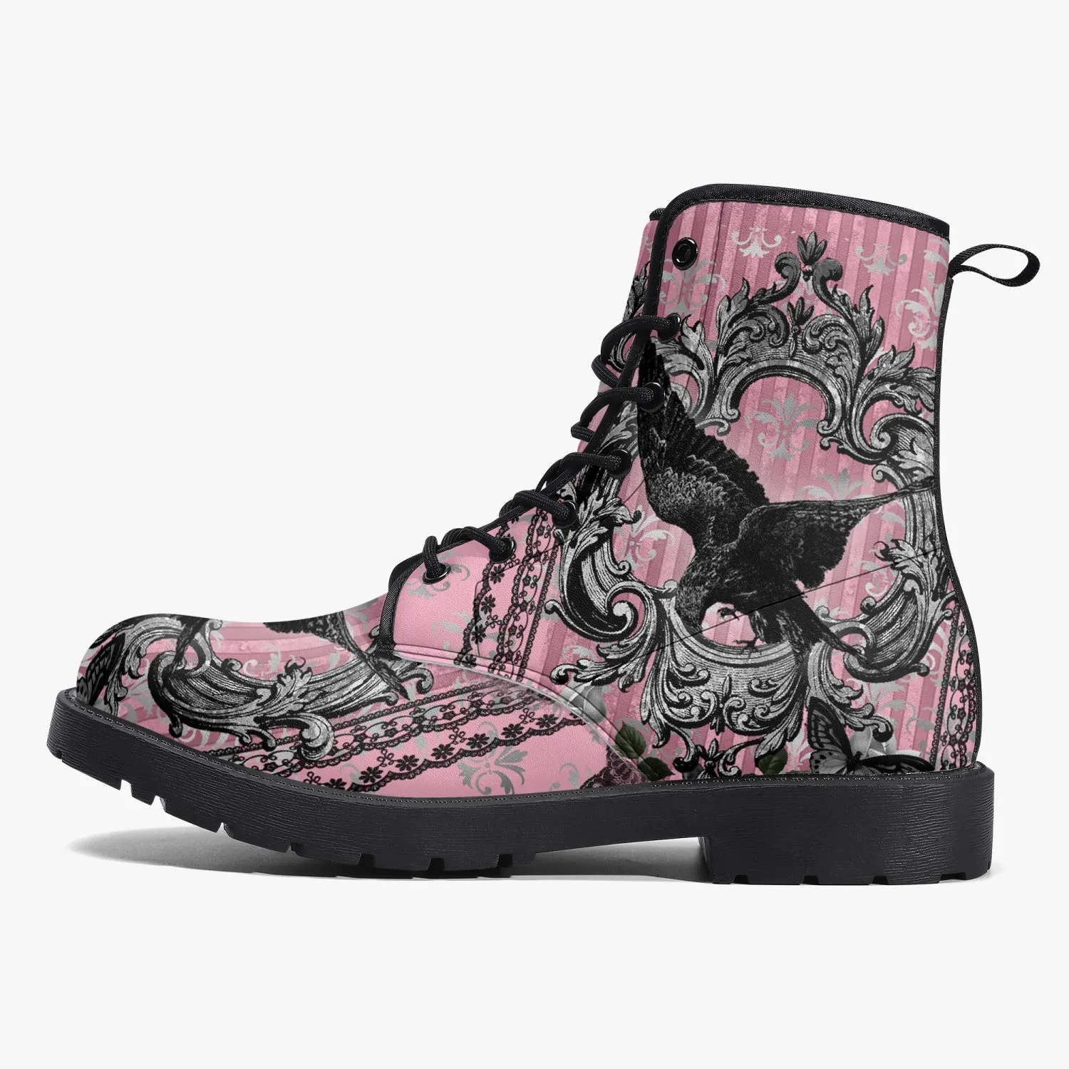 Gothic Raven Pink Vegan leather Combat Boots - Dark Raven emo boots  (JPREG59)