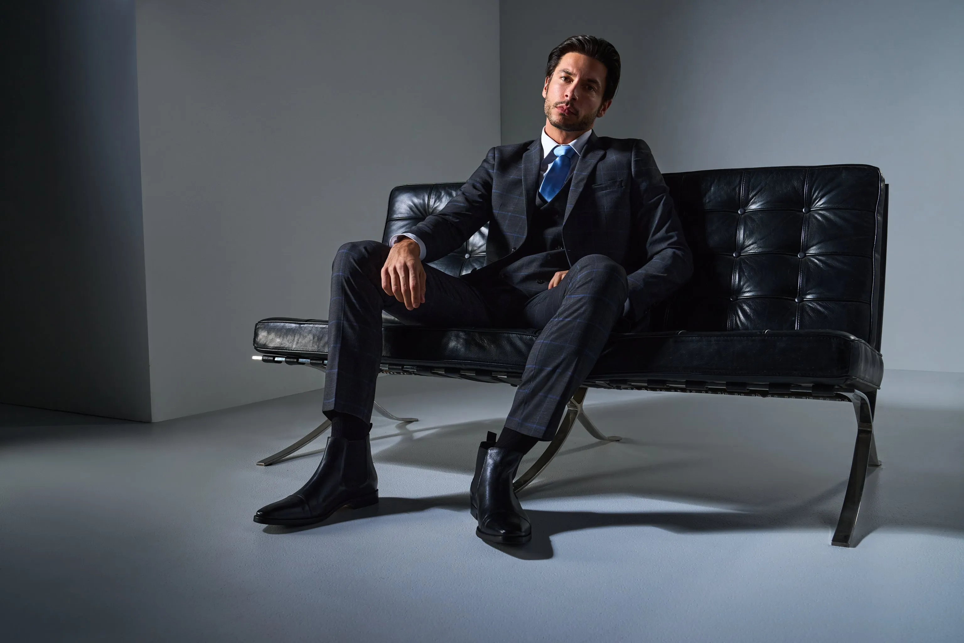 Gray and Periwinkle Blue Window Pane 3 Piece Suit