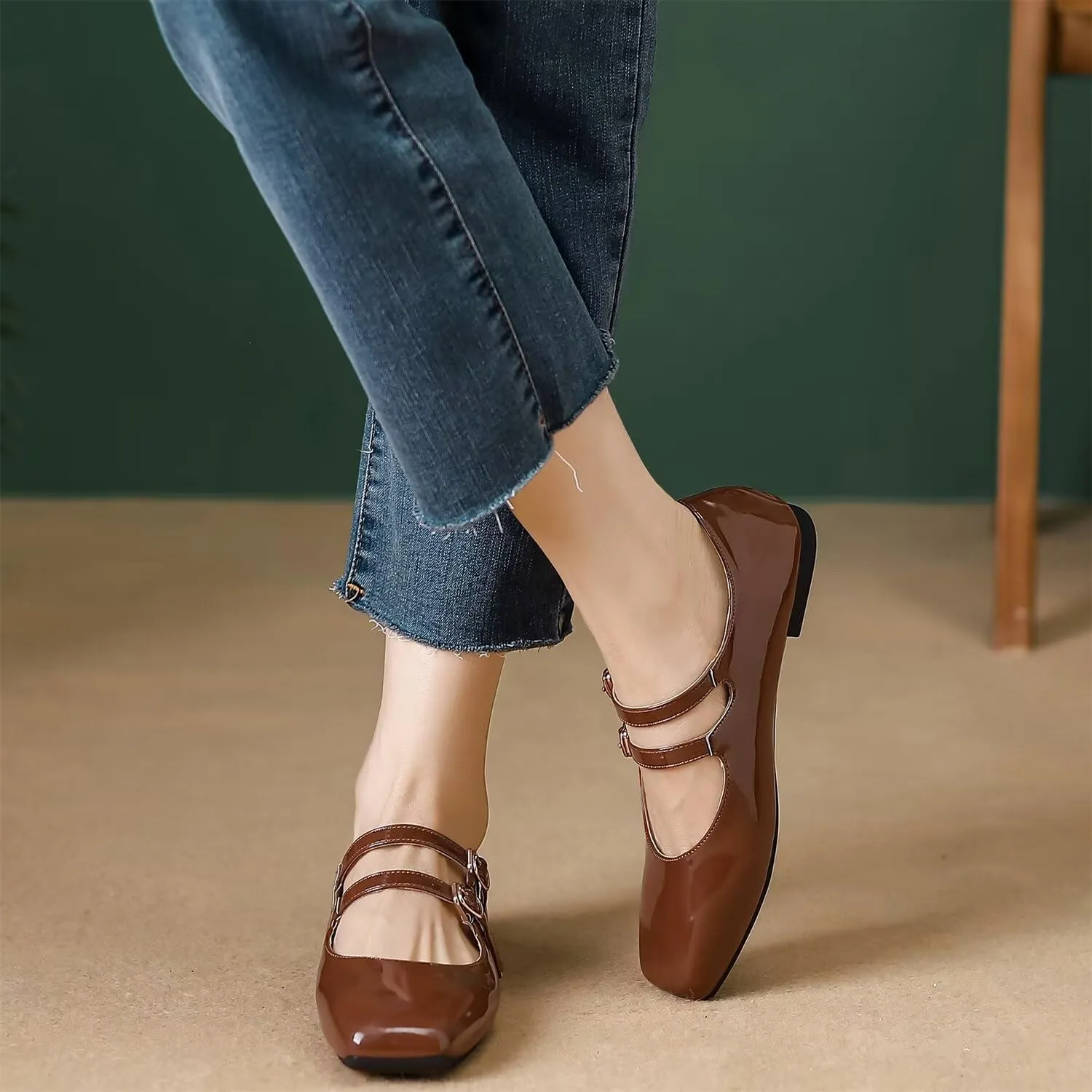 Hee grand Mary Jane Flats for Women Patent Leather Dress Shoes Square Toe Adjustable Buckle Strap Ballet Flats