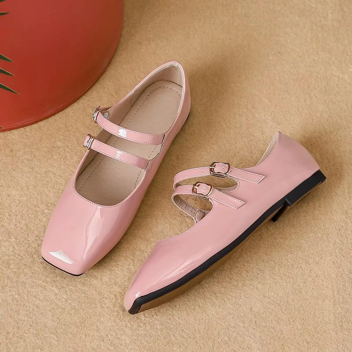Hee grand Mary Jane Flats for Women Patent Leather Dress Shoes Square Toe Adjustable Buckle Strap Ballet Flats