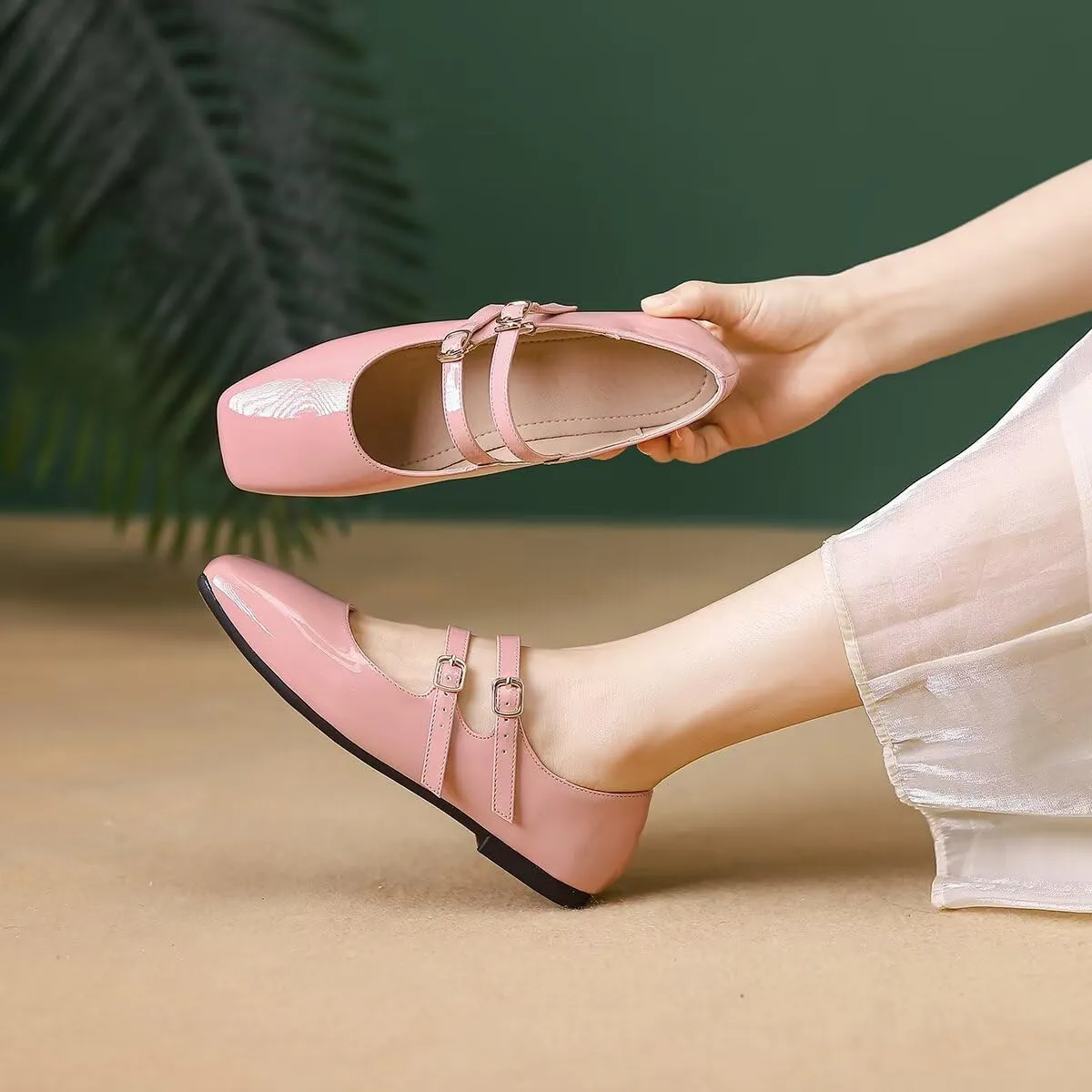 Hee grand Mary Jane Flats for Women Patent Leather Dress Shoes Square Toe Adjustable Buckle Strap Ballet Flats
