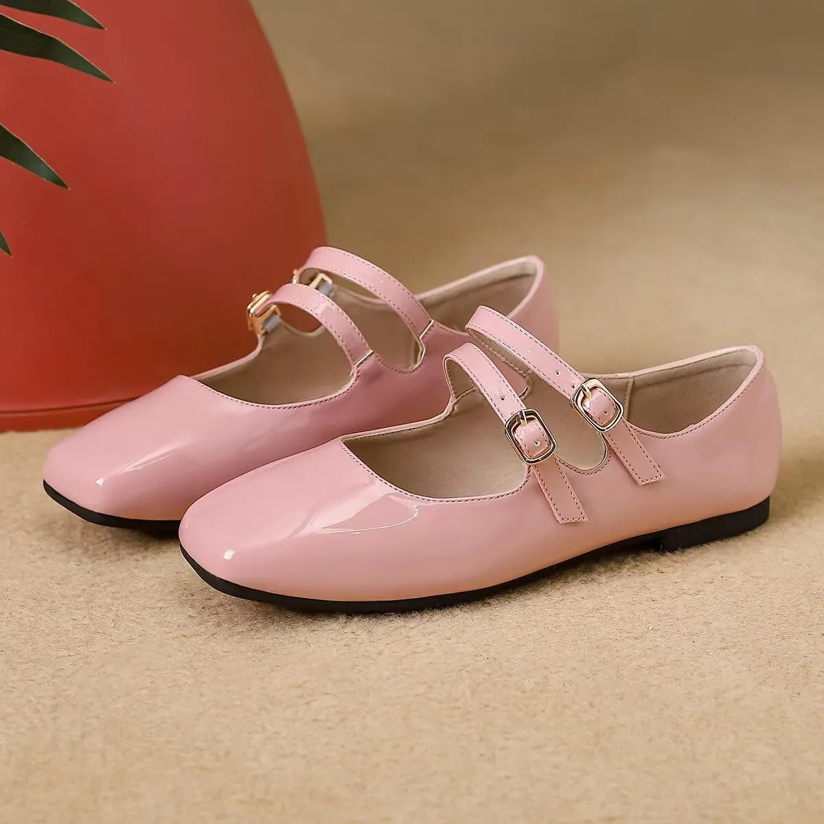 Hee grand Mary Jane Flats for Women Patent Leather Dress Shoes Square Toe Adjustable Buckle Strap Ballet Flats