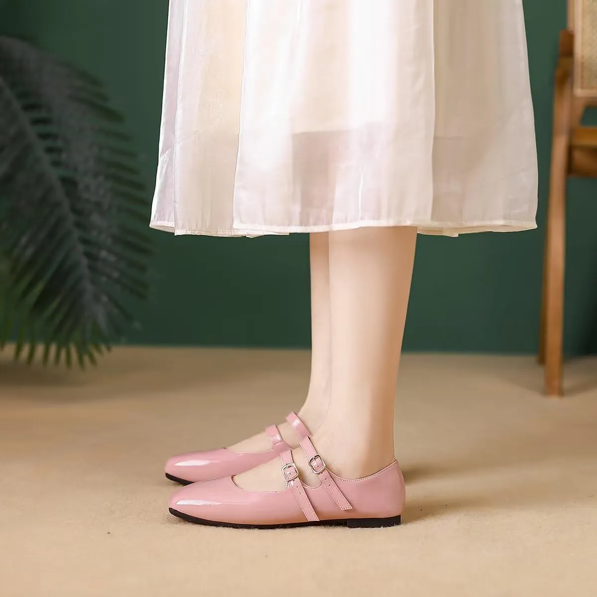 Hee grand Mary Jane Flats for Women Patent Leather Dress Shoes Square Toe Adjustable Buckle Strap Ballet Flats