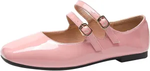 Hee grand Mary Jane Flats for Women Patent Leather Dress Shoes Square Toe Adjustable Buckle Strap Ballet Flats