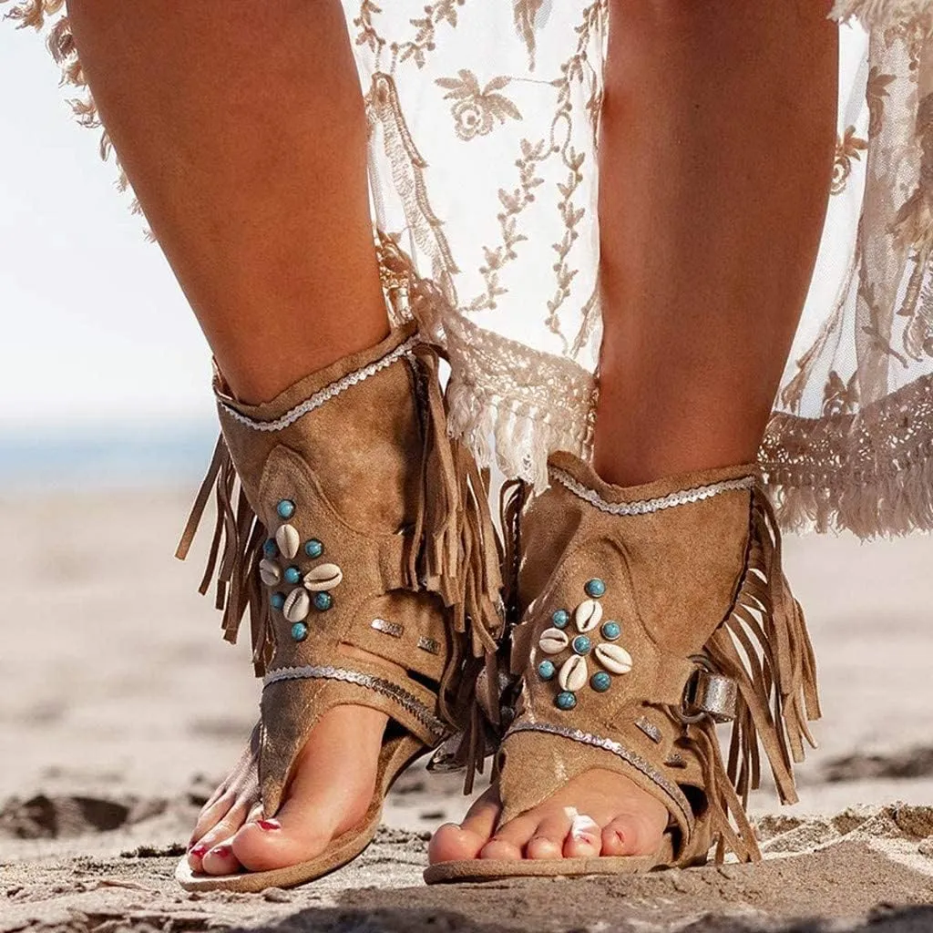 SACFOF Womens Flat Tassel Gladiator Sandals Summer Bohemian Back Zipper Fringe Sandals Dressy Thong Sandals