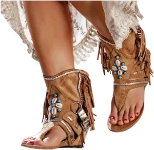 SACFOF Womens Flat Tassel Gladiator Sandals Summer Bohemian Back Zipper Fringe Sandals Dressy Thong Sandals