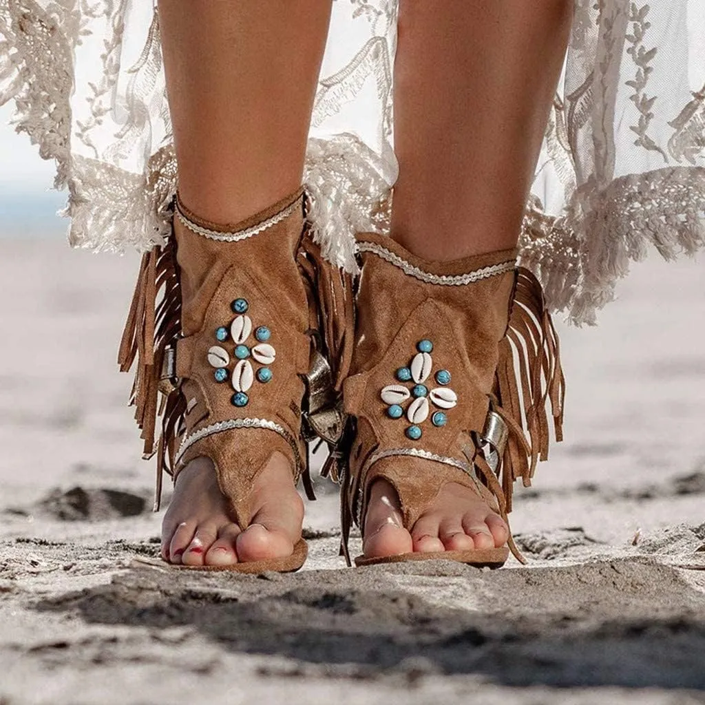 SACFOF Womens Flat Tassel Gladiator Sandals Summer Bohemian Back Zipper Fringe Sandals Dressy Thong Sandals