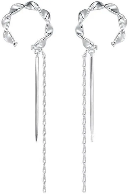 Tassel Clip On Cuff Wrap Small Hoop Earrings for Women Silver Plated Non Pierced Minimalist Dainty Fashion Chain Drop Dangle Hanging Tassel Chain Cuffs Jewelry Birthday