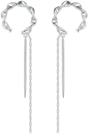 Tassel Clip On Cuff Wrap Small Hoop Earrings for Women Silver Plated Non Pierced Minimalist Dainty Fashion Chain Drop Dangle Hanging Tassel Chain Cuffs Jewelry Birthday
