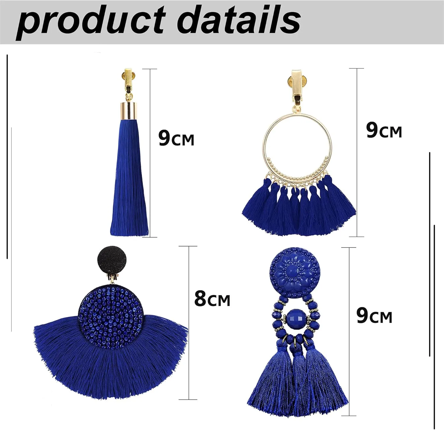 Udalyn 4 Pairs Tassel Earrings for Women Dangle Clip On Earrings Colorful Bohemian Tassel Earrings Statement Earrings Handmade Jewelry Non Piercing Earrings for Sensitive Ears