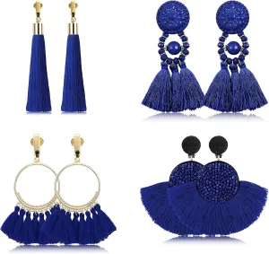 Udalyn 4 Pairs Tassel Earrings for Women Dangle Clip On Earrings Colorful Bohemian Tassel Earrings Statement Earrings Handmade Jewelry Non Piercing Earrings for Sensitive Ears