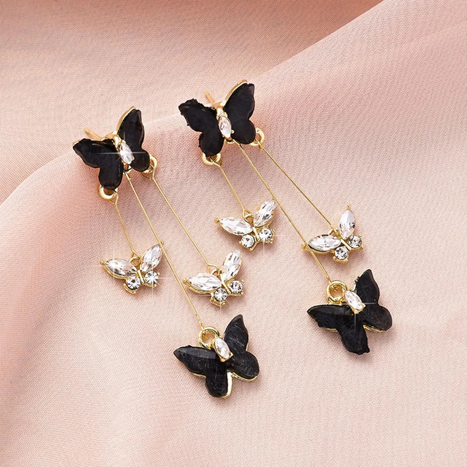 Violet Butterfly Tassel Stud Earrings for Women Long Butterfly Crystal Rhinestone Drop Dangle Earrings Wedding Jewelry Gifts
